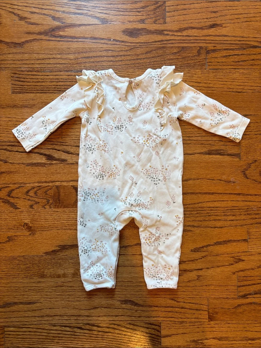 Pehr Long Sleeve Baby One-Piece Romper Floral Cream with Ruffle Shoulders 6-12mo